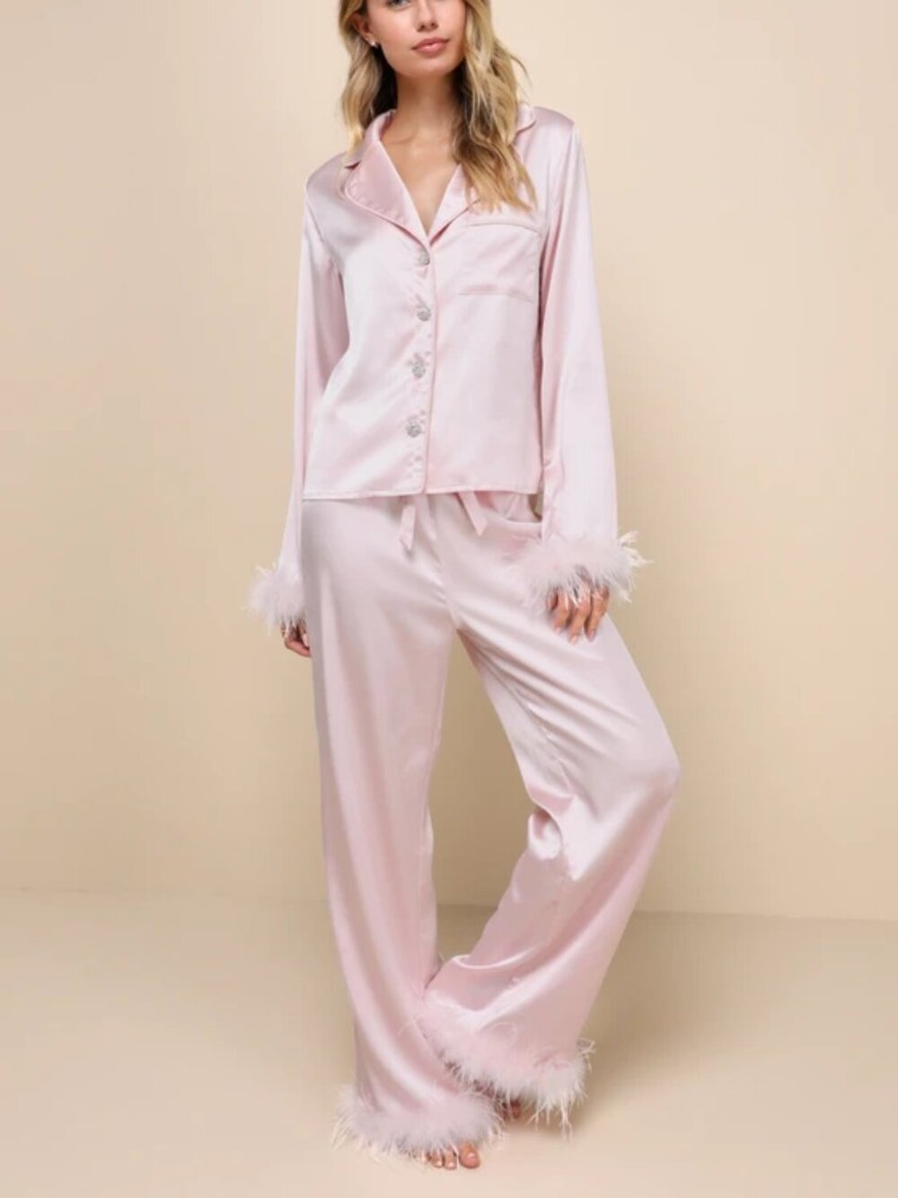 Lulus Dreamiest Delight Satin Feather Pajama Set Pink XS New With Tags Sleepwear